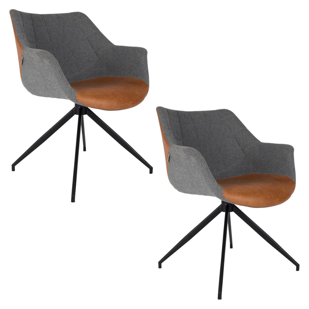 Zuiver 2er-Set Esszimmersessel aus Stoff mit Lederakzenten style vintage Grau Pes - Polyester