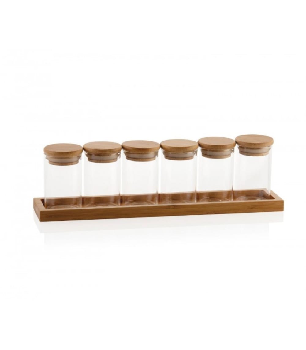 Wadiga Set de 6 pots à épices en verre et plateau en bambou Transparent