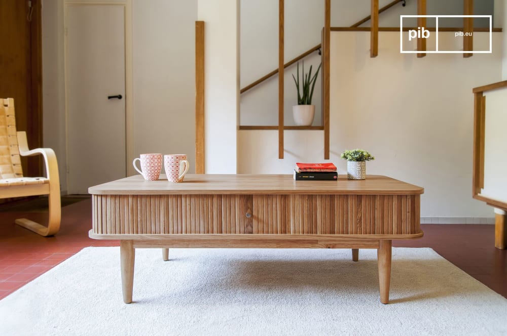 Mesa de centro de madera beige con cortinas - Maisons du Monde