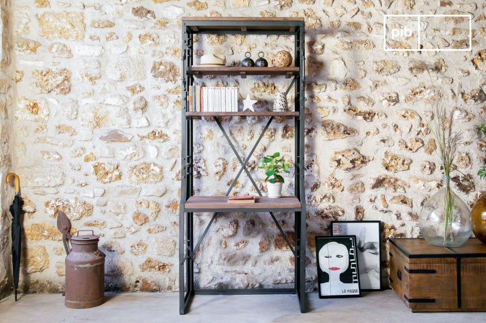 Bureau-Bibliothèque industriel en métal et bois marron