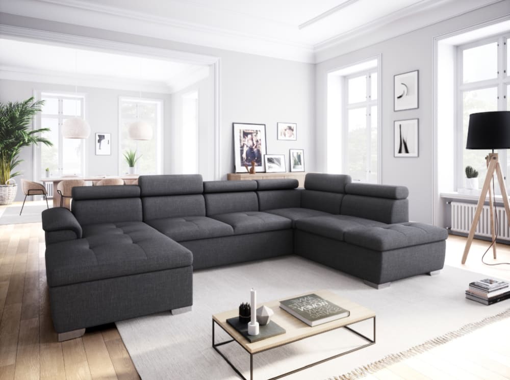 Canapé d'angle panoramique 6 places en tissu gris foncé
