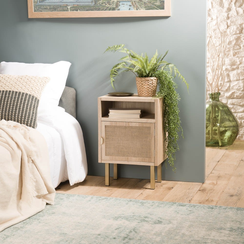 Chevet 1 niche 1 porte toile de jute pieds métal doré