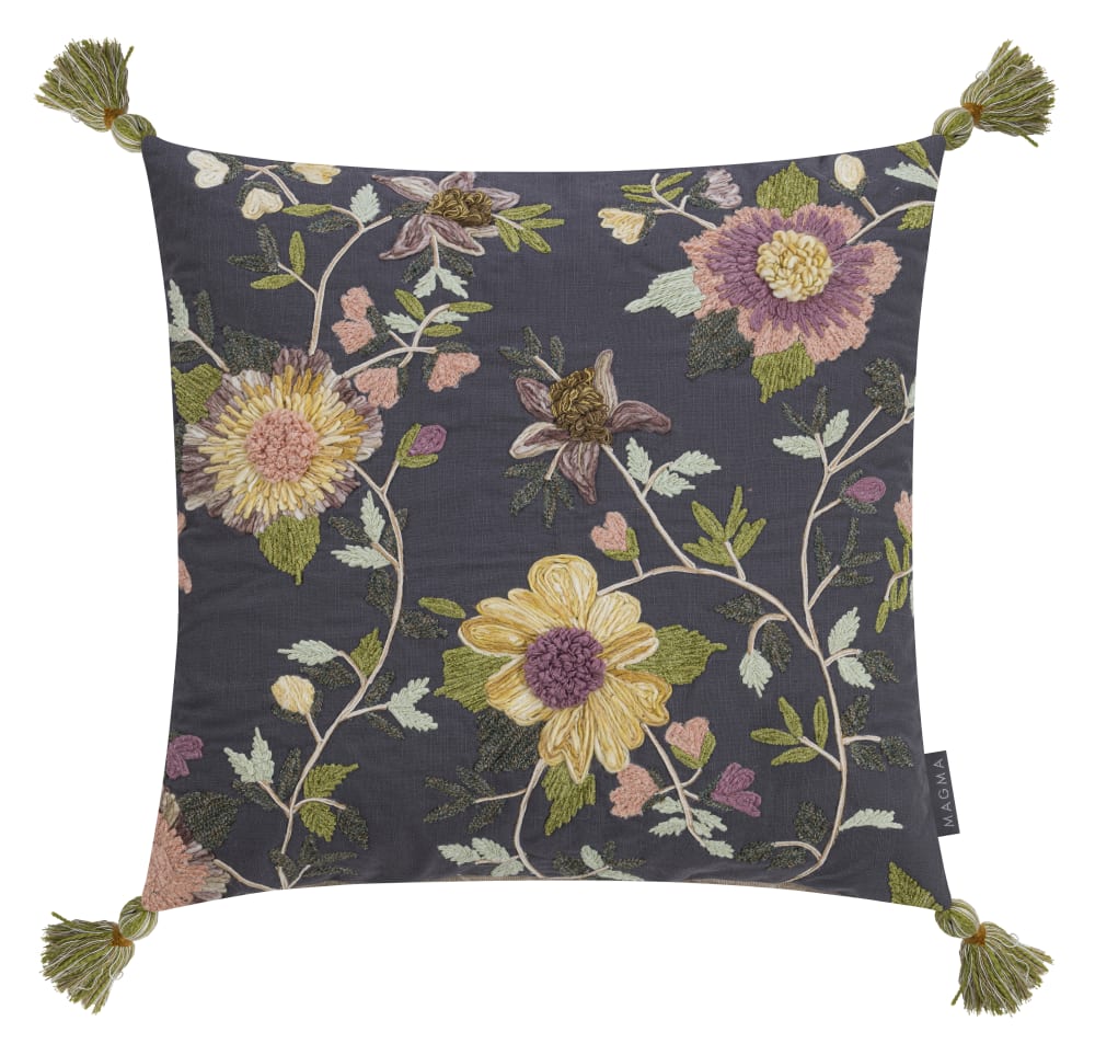 Housse de coussin 50x50 broderie fleurs sur fond anthracite