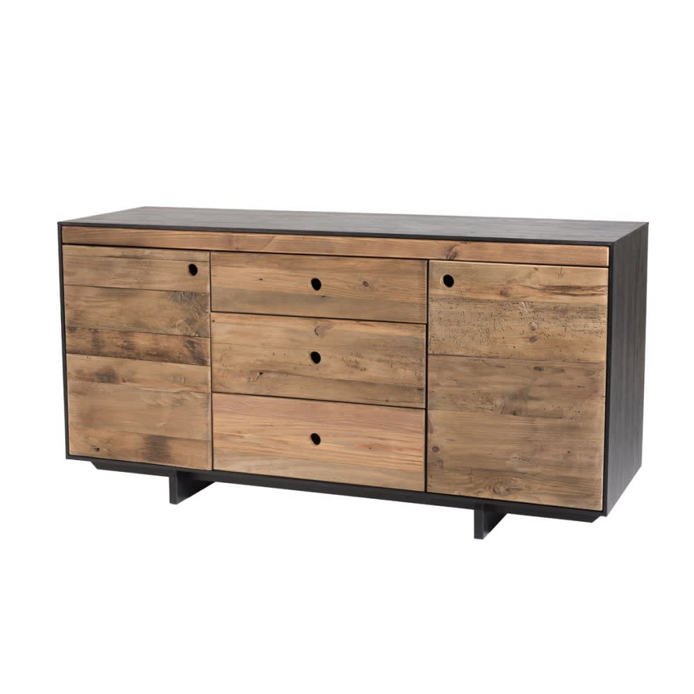Aparador de 2 puertas 3 cajones de pino reciclado natural y negro - Maisons du Monde