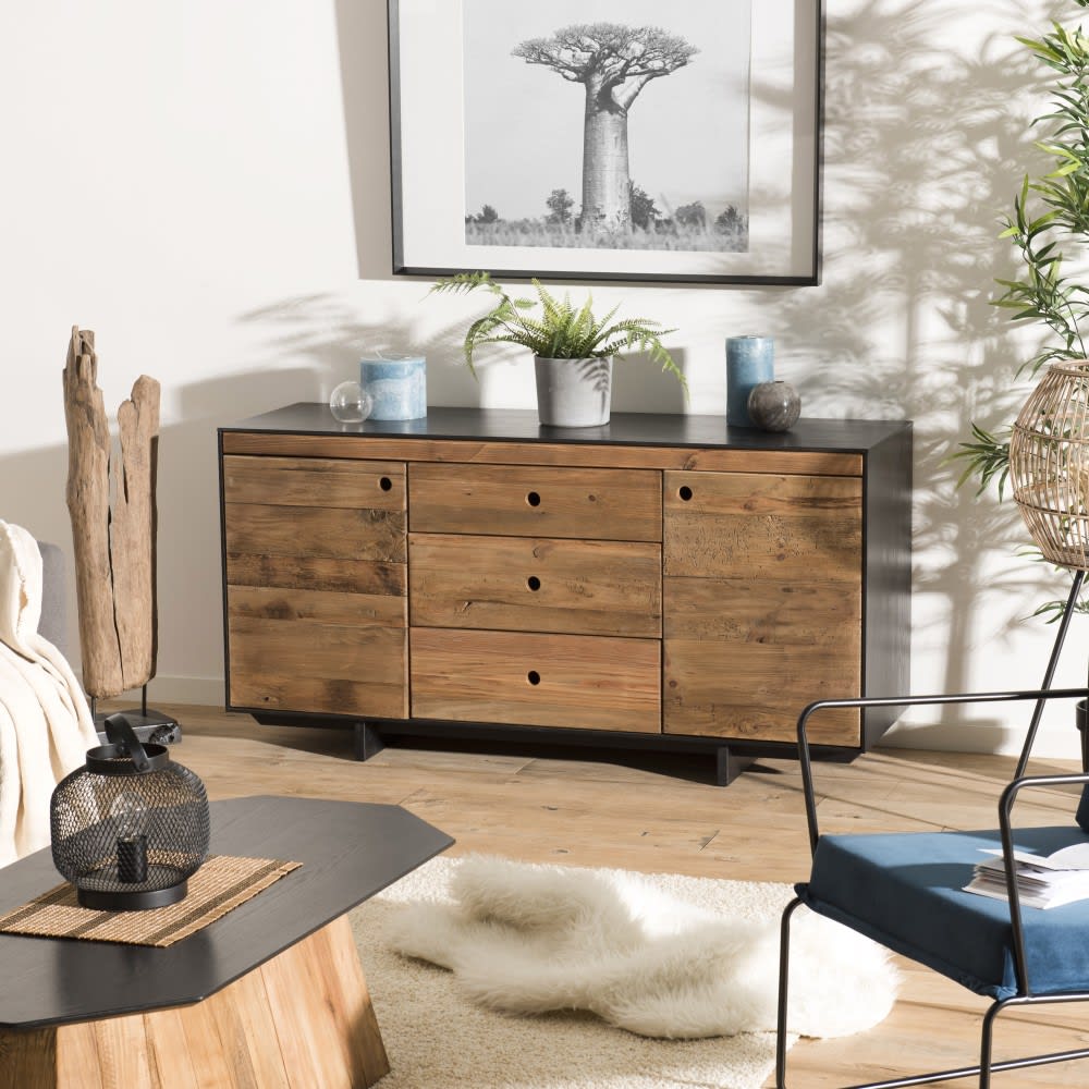 Buffet 2 portes 3 tiroirs en pin recyclé naturel et noir