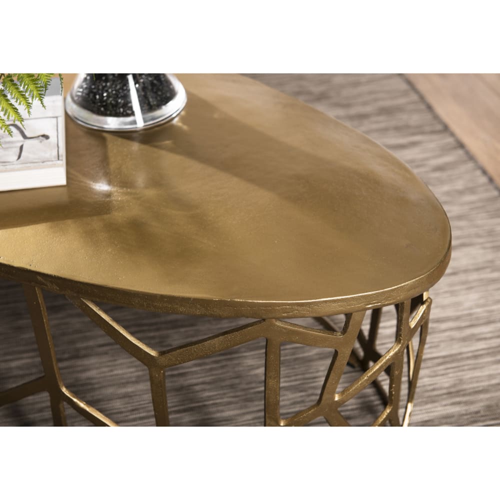 Table basse ovale pietement graphique aluminium doré L150