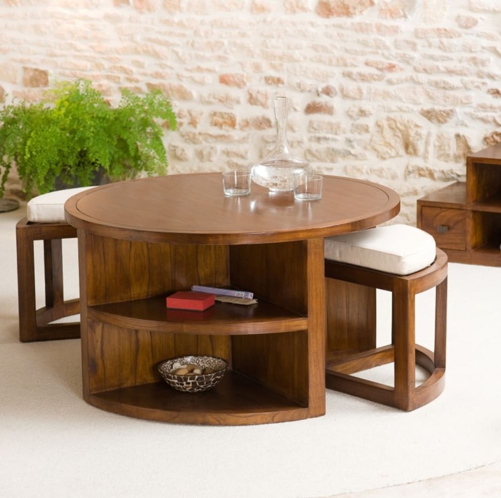 Table basse ronde 2 tabourets avec coussins en mindi d90 - Maisons du Monde