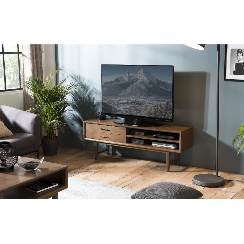 Mueble tv de 2 cajones y 2 estantes madera de mindi marrón