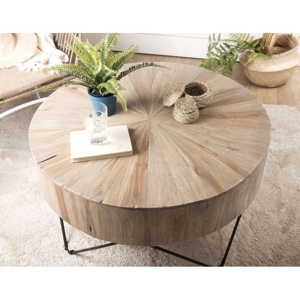 Table basse ronde nature plateau en teck pieds épingles métal noir d90 - Maisons du Monde