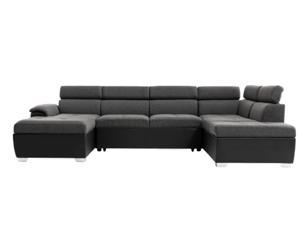 Canapé d'angle panoramique simili/tissu gris/noir - méridienne 196cm