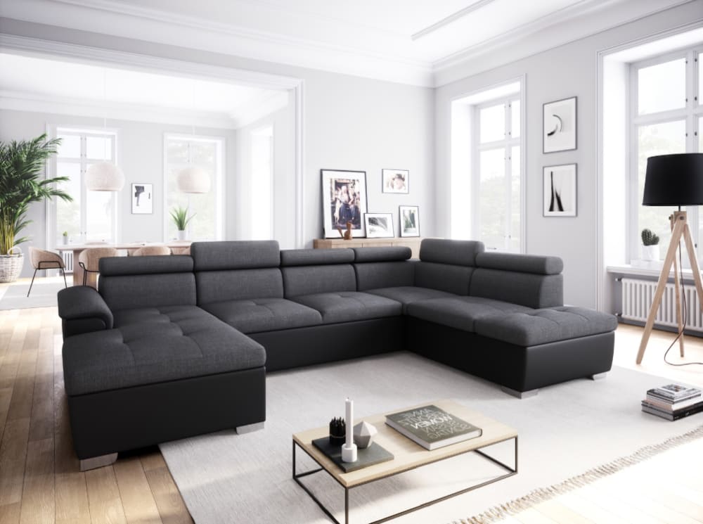 Canapé d'angle panoramique simili/tissu gris/noir - méridienne 196cm