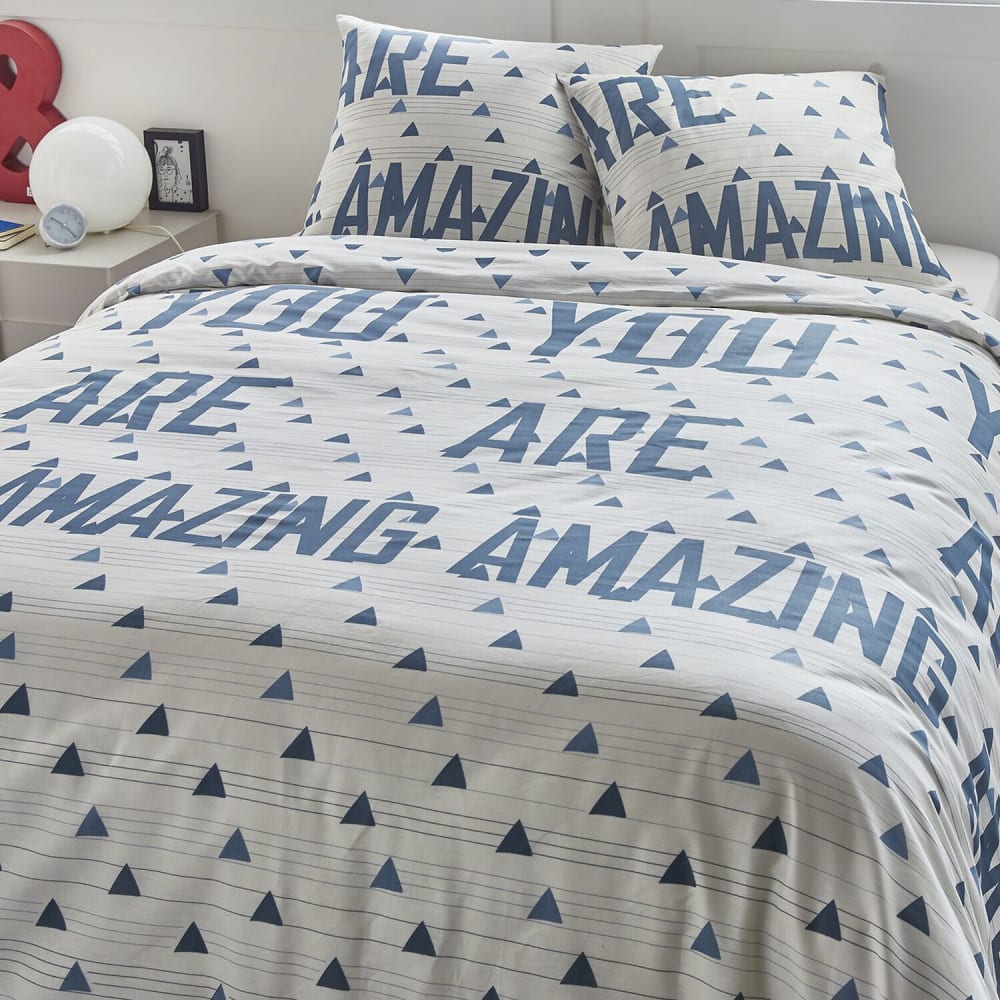 Home collection Parure housse de couette coton blanc 240x220 cm style classique chic Bleu Certifié Oeko-Tex