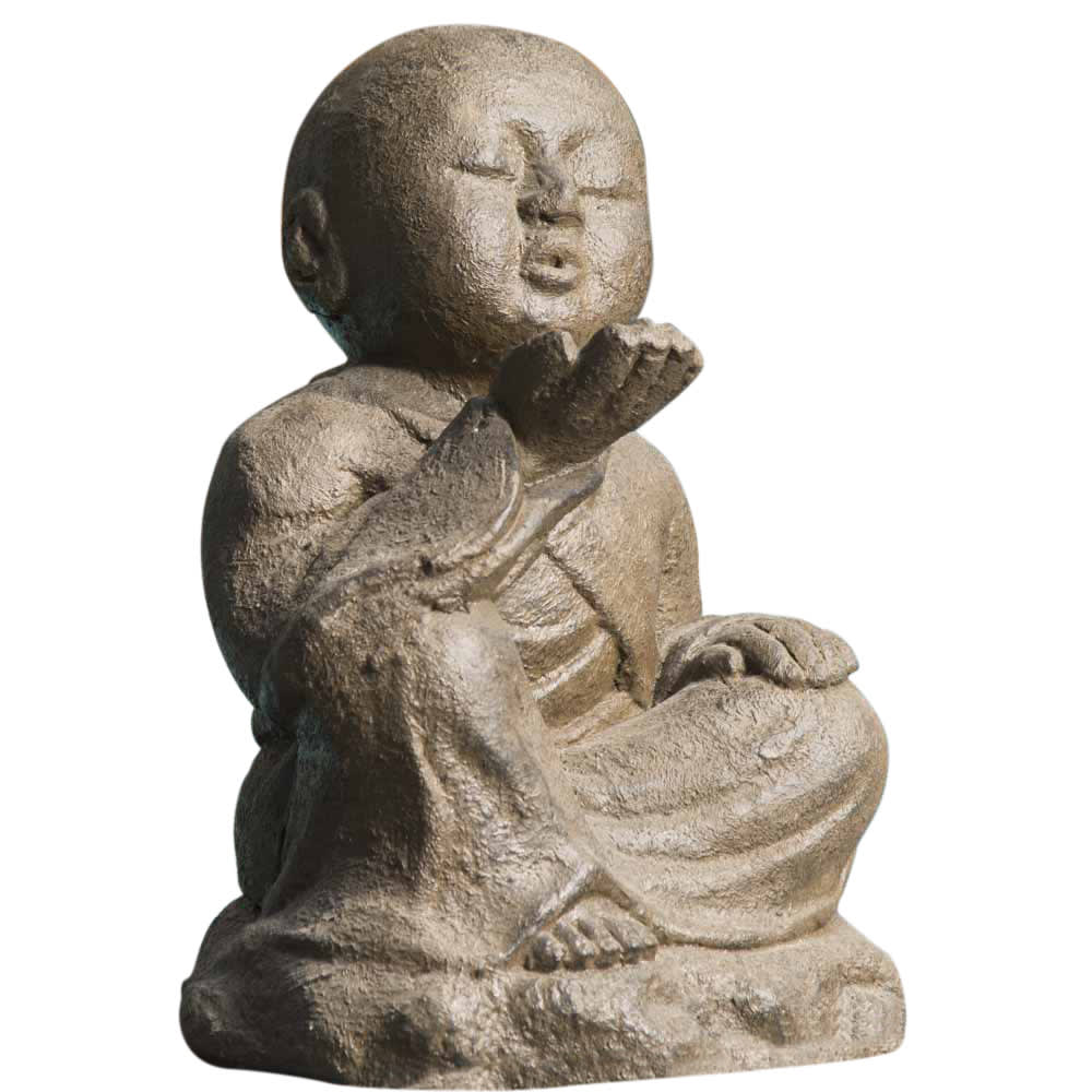 Estatua de jardín monje shaolín feliz pátina marrón envejecida 40 cm