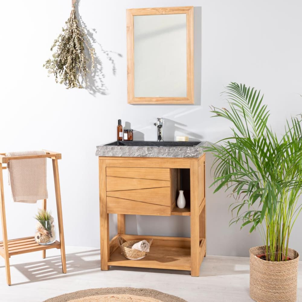 Meuble sous vasque en teck et vasque marbre noir L67cm