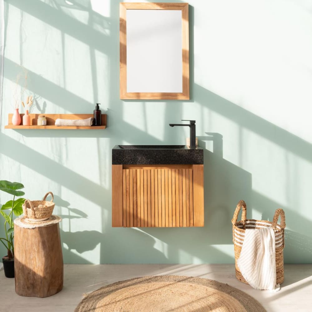 Meuble suspendu de salle de bain en teck et vasque noir L60cm