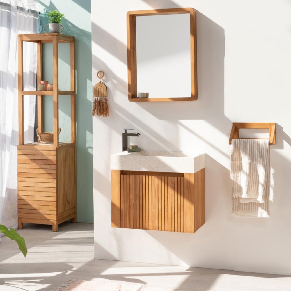 Meuble suspendu en teck et vasque crème L60cm