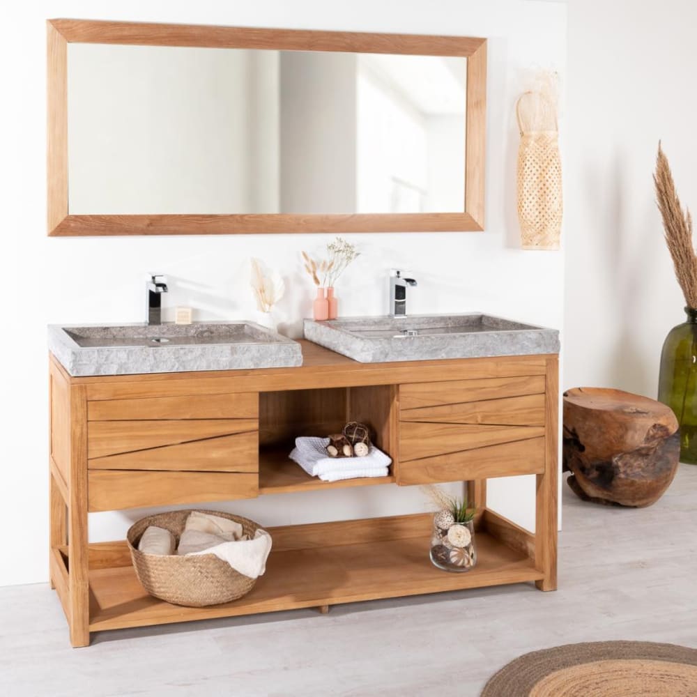 Mueble doble de teca maciza 160 cm + 2 lavabos gris - Maisons du Monde