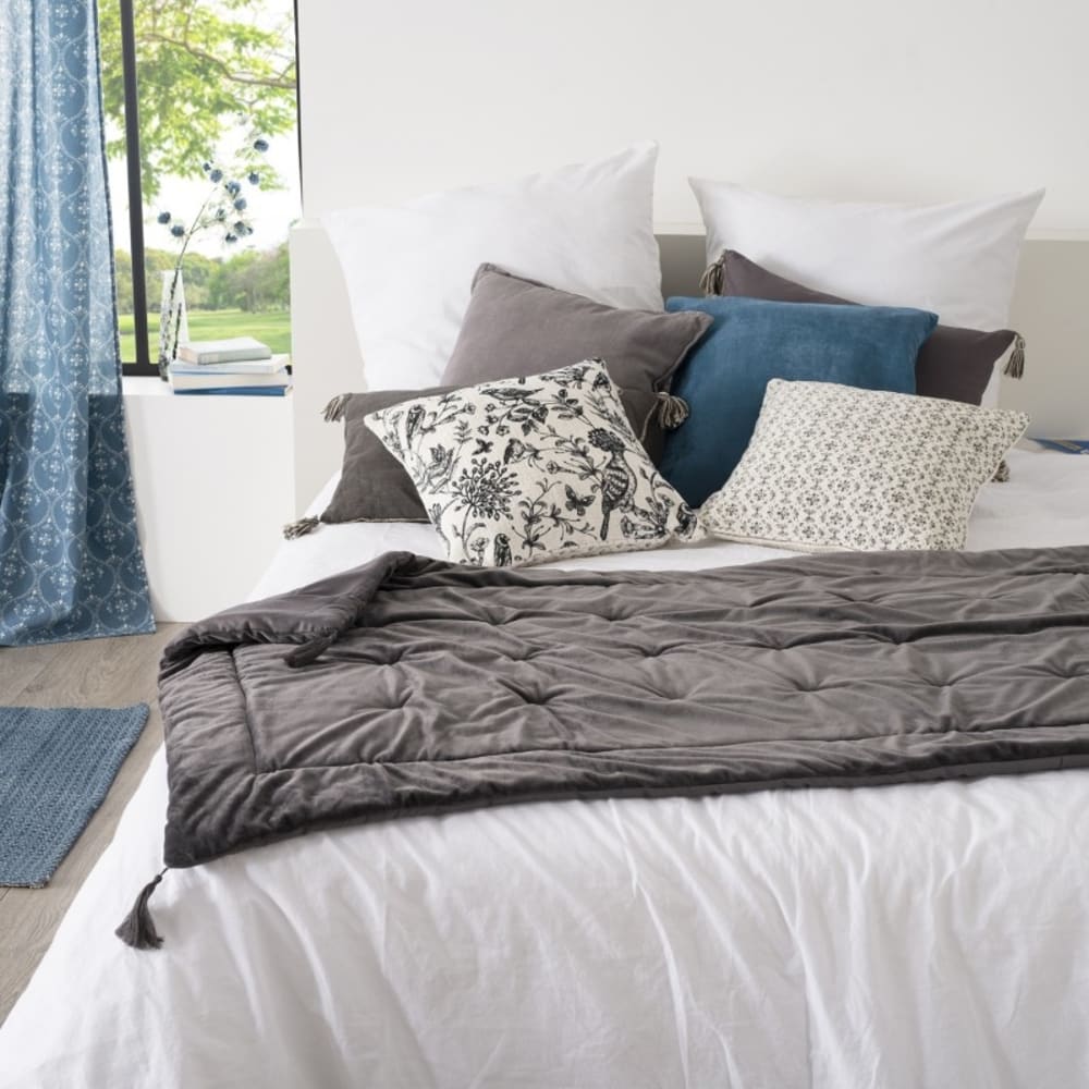 Édredon en velours et pompons polyester/velours gris clair 80x180 cm