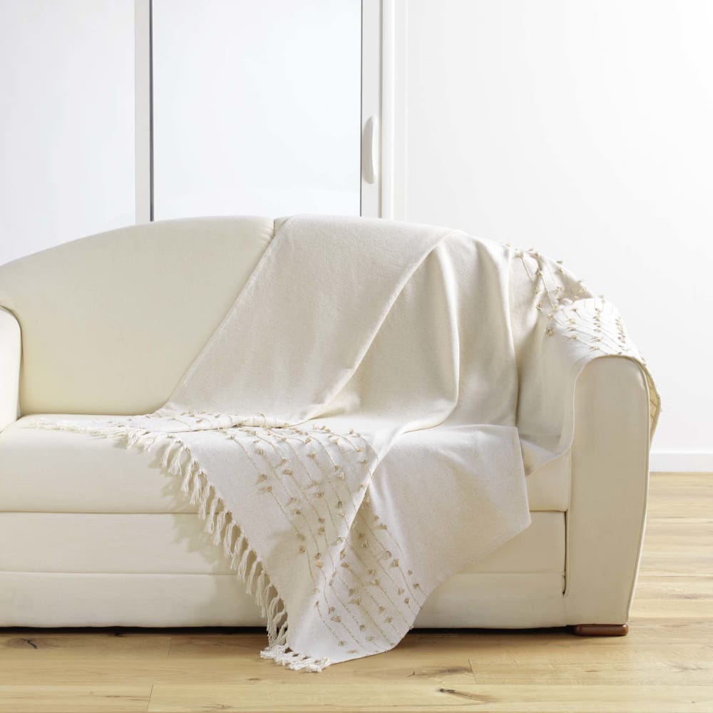 Plaid à franges en coton uni coton blanc 150x125