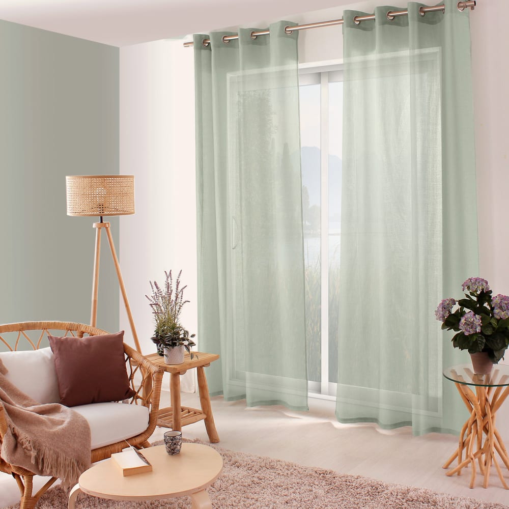 Voilage uni ajouré à œillets polyester vert 140x240 cm
