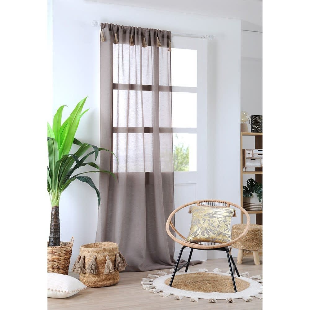 Voilage bohème à pompons en jute polyester taupe 260x140cm - Maisons du Monde