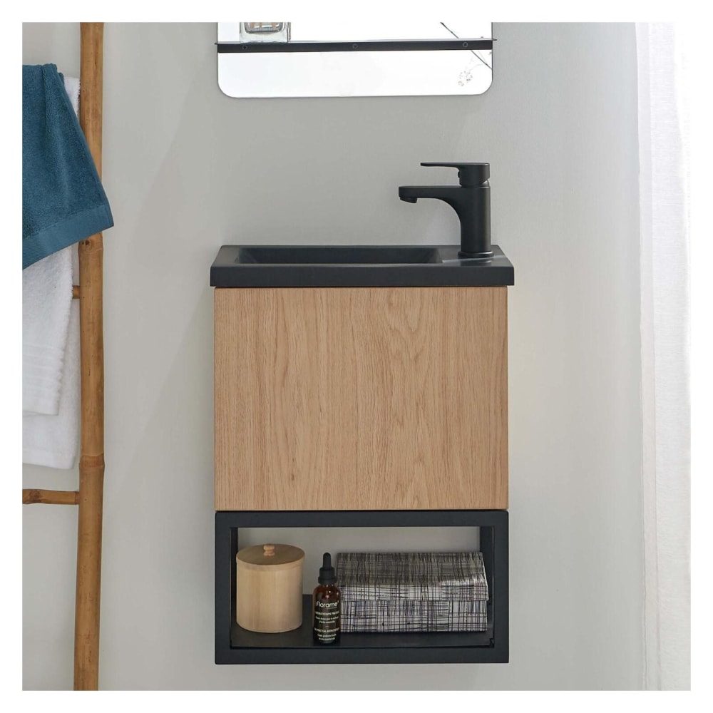 Meuble lave-mains suspendu métal et bois avec vasque en résine 40x50cm
