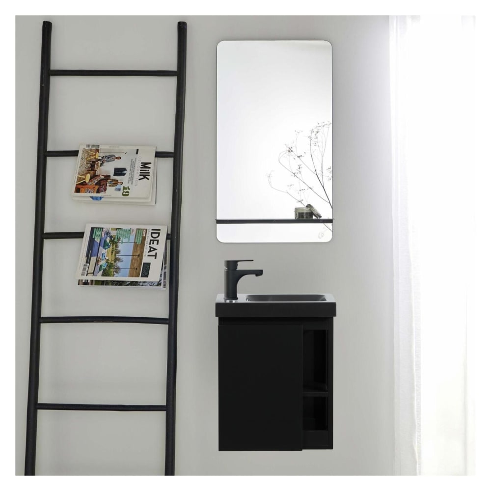 Ensemble lave-mains  avec rangement latéral et miroir tablette noire