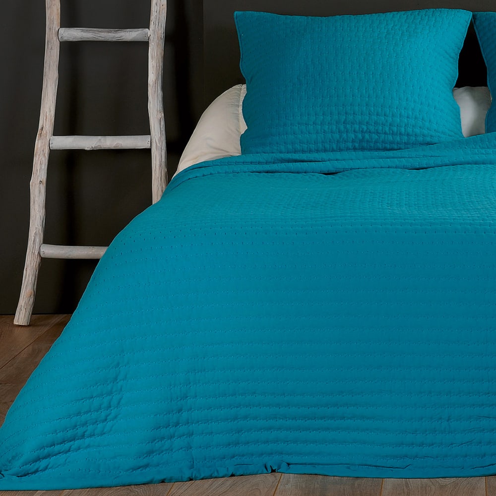 Couvre lit et taie matelassés polyester bleu 180x240 cm - Maisons du Monde