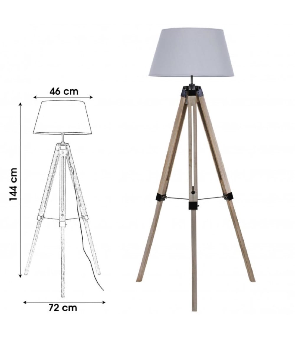 Lampadaire trépied bois abat-jour gris clair H144cm - Maisons du Monde