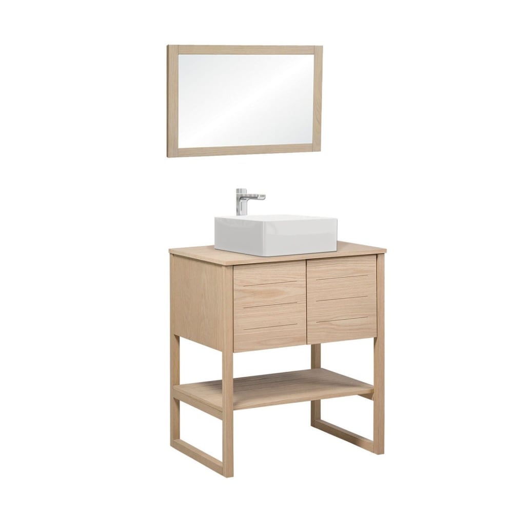 Meuble sous vasque plaqué chêne naturel  70cm + vasque + miroir carré