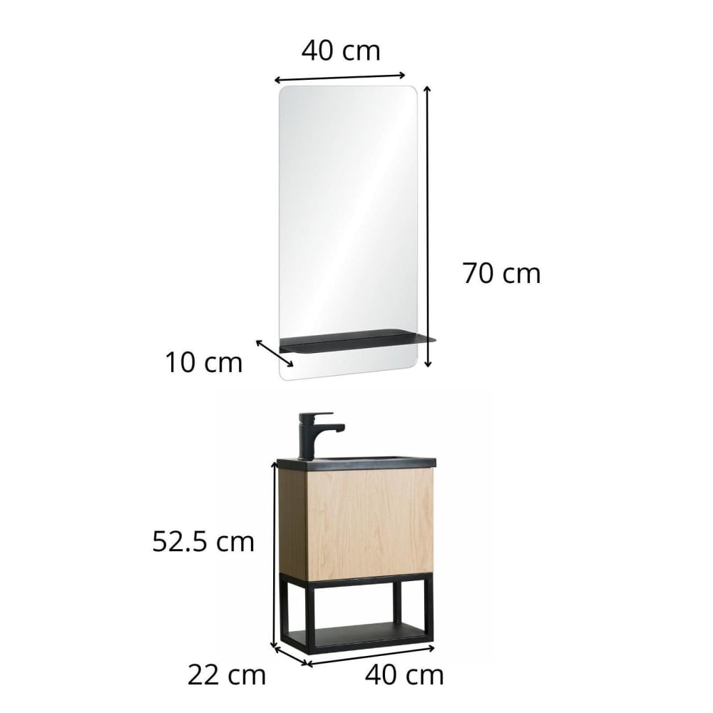 Ensemble lave-mains  métal et bois avec miroir à tablette