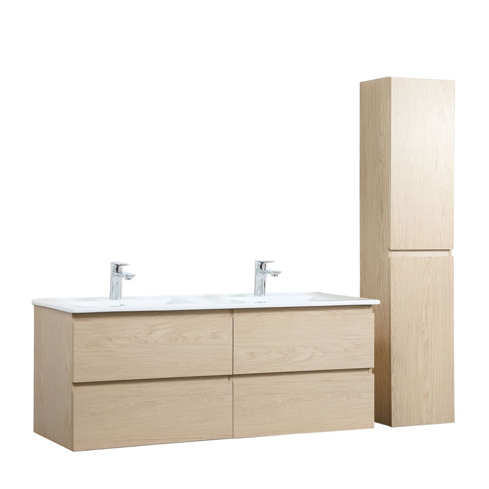 Meuble double vasque 120cm avec plan céramique  Décor chêne + colonne