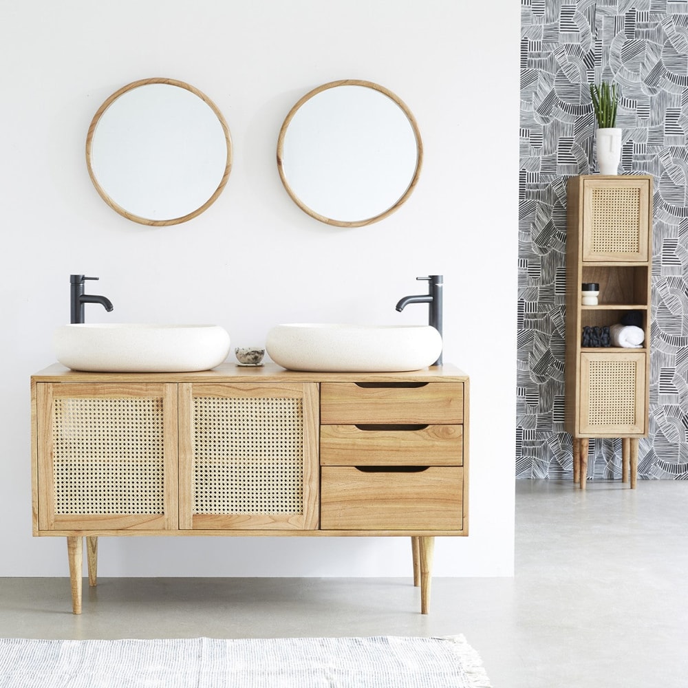 Meuble sous vasque en mindi massif et cannage 135 cm