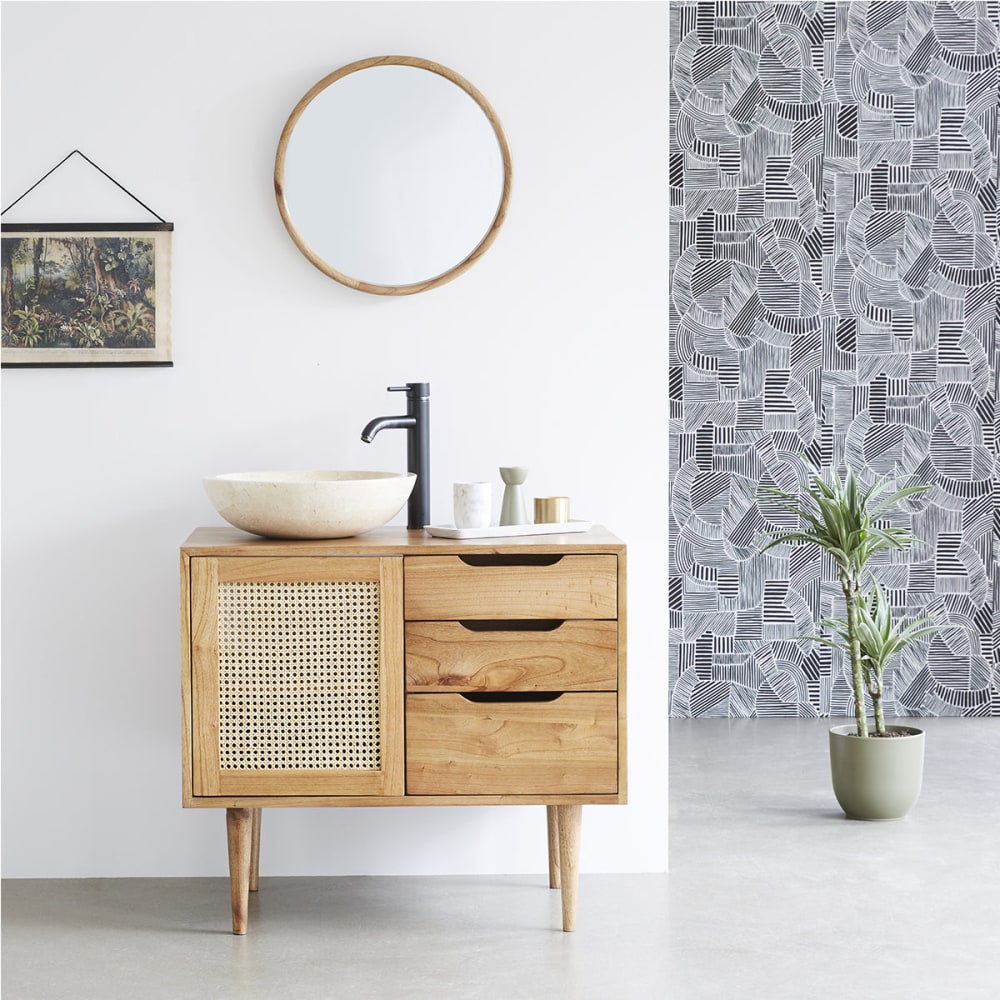 Meuble sous vasque en mindi massif et cannage 85 cm