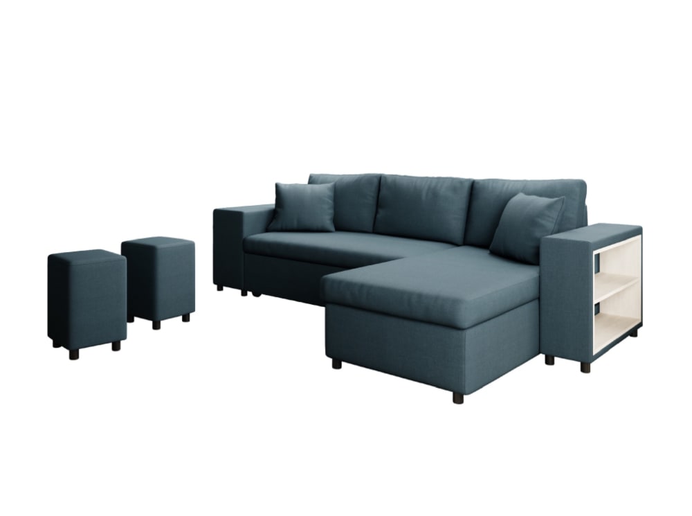 Canapé d'angle convertible et poufs en tissu - Bleu