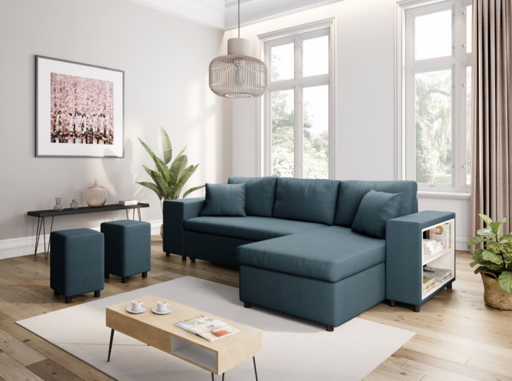 Canapé d'angle convertible et poufs en tissu - Bleu