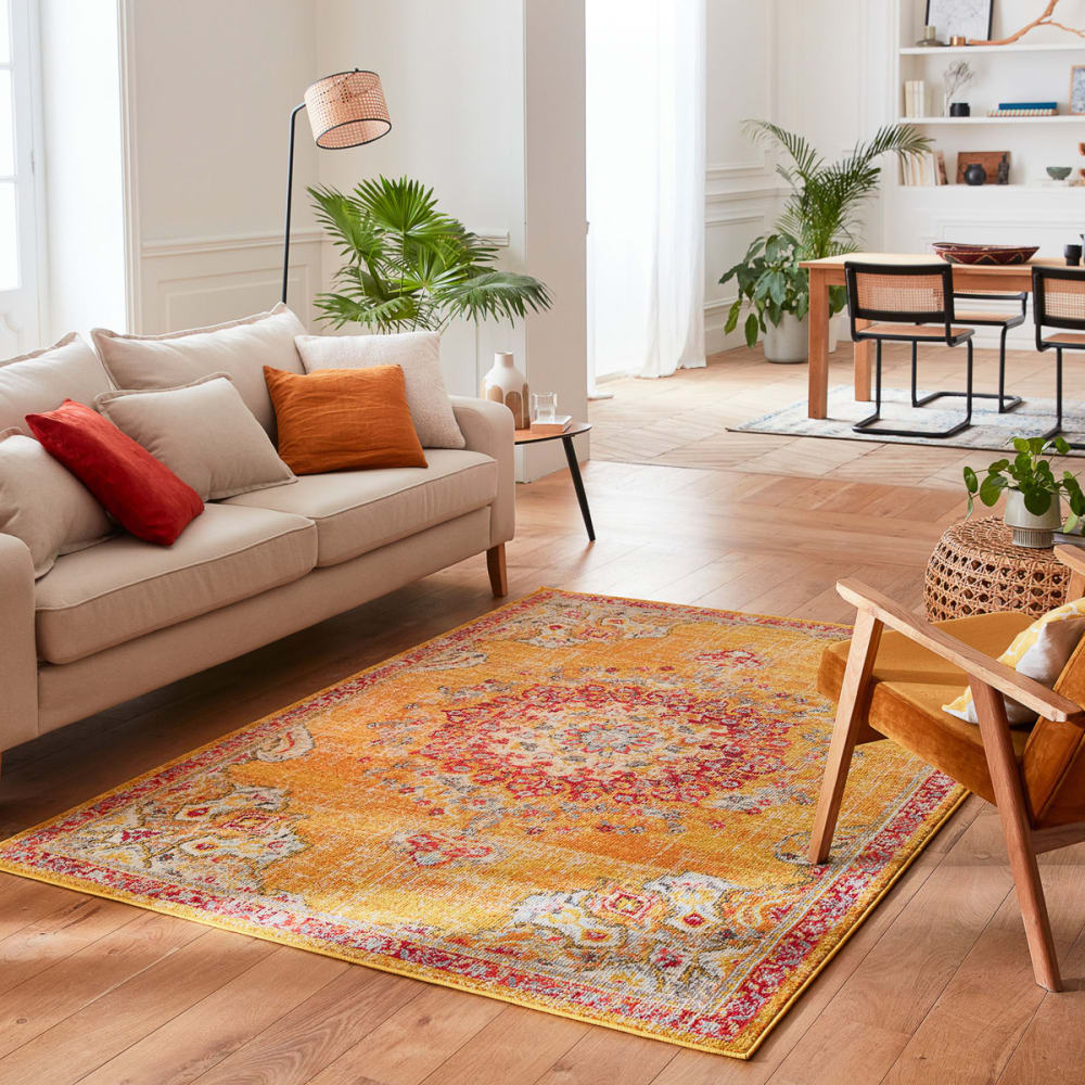 Tapis salon vintage en laine artificielle jaune 200x290 — vue 3