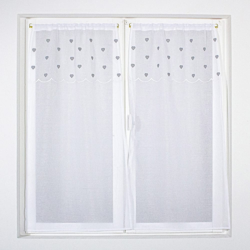 Paire de vitrages droits sablés avec top à coeurs polyester gris 90x60