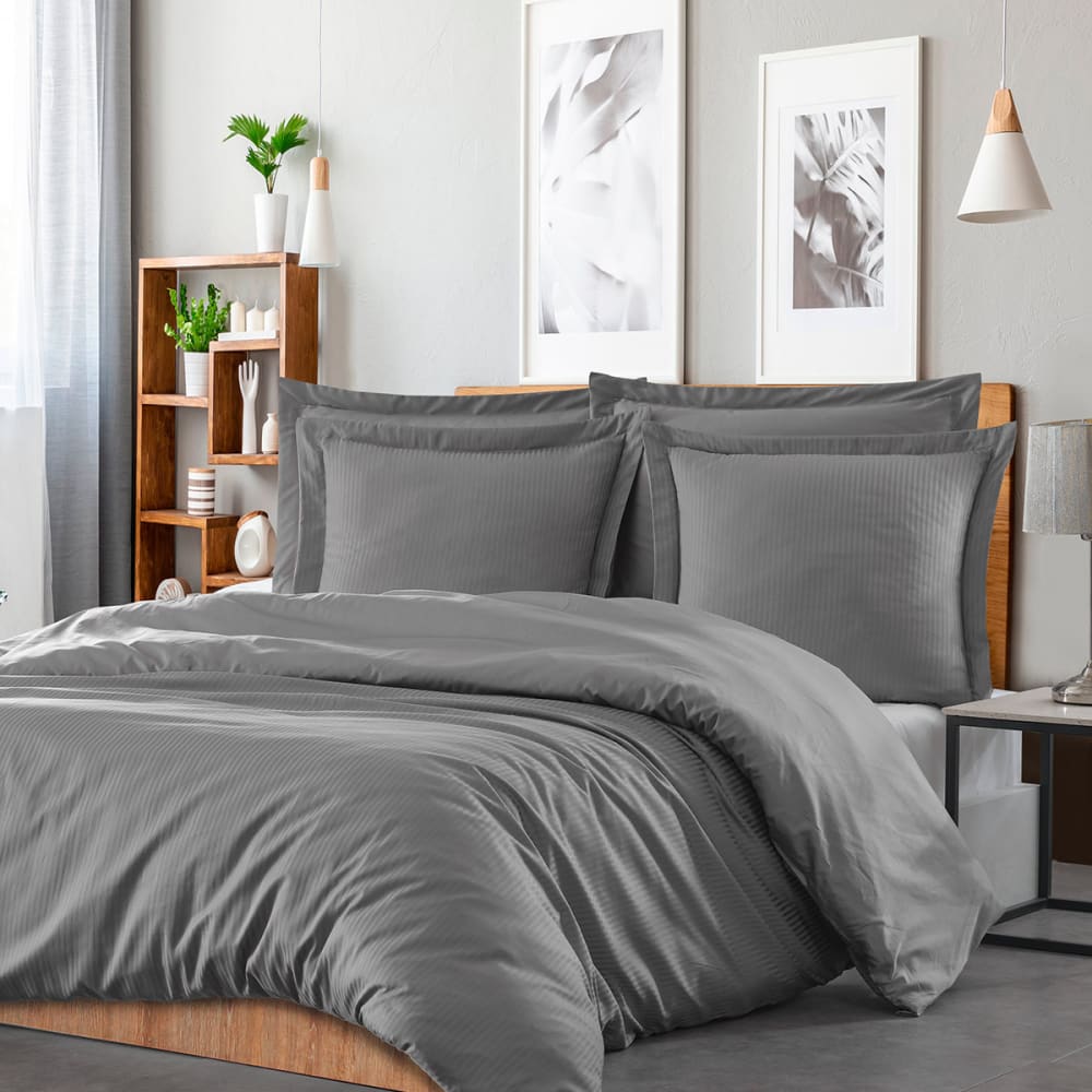Housse de couette rayée réversible en satin gris acier 260x240 cm — vue 3