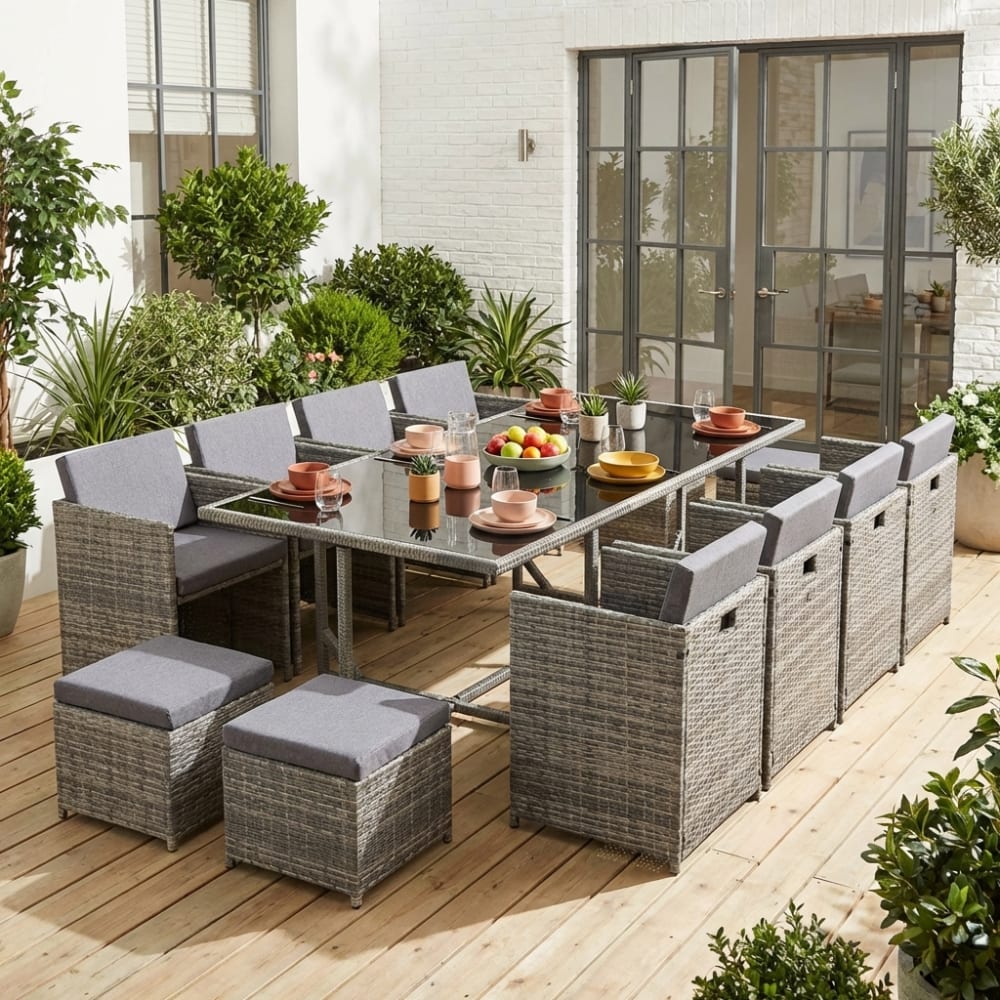 Ensemble de jardin 8-12 places Nuance de gris coussins gris chiné