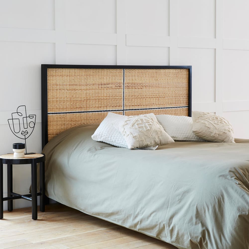 Tête de lit en acajou massif et rotin noir 160 cm