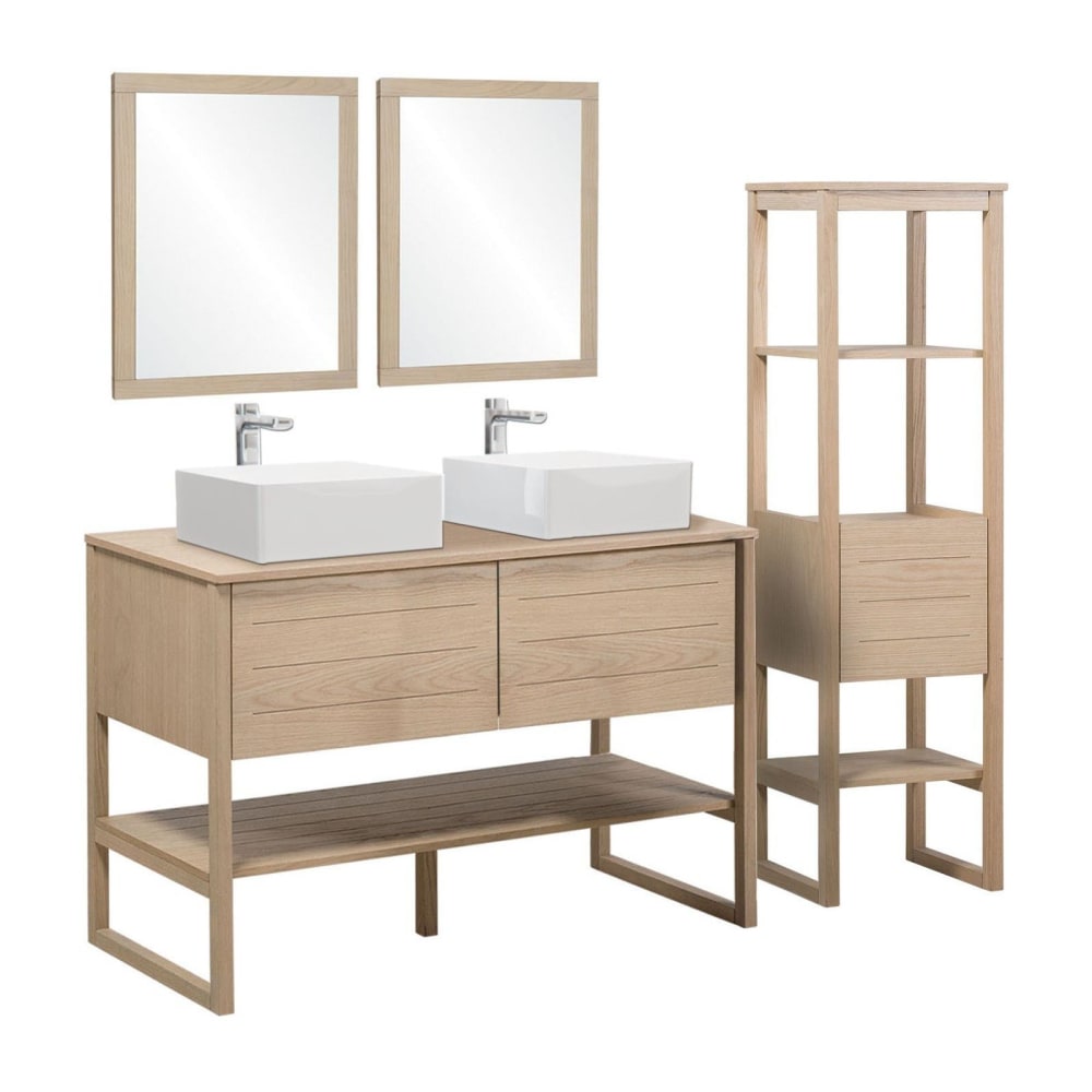 Meuble sous vasque plaqué chêne naturel  120cm+vasque+miroir carré+co