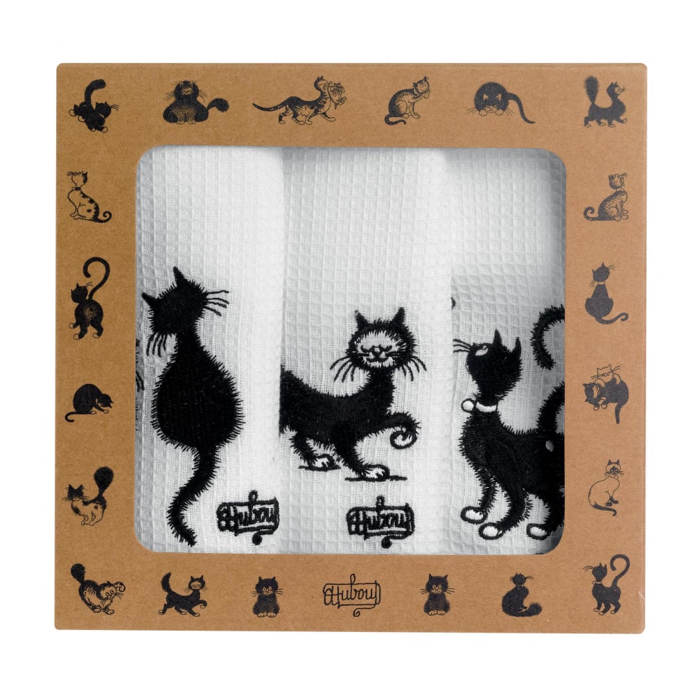 Lot de 3 torchons Les chats brodé en coton blanc 40 x 60 cm