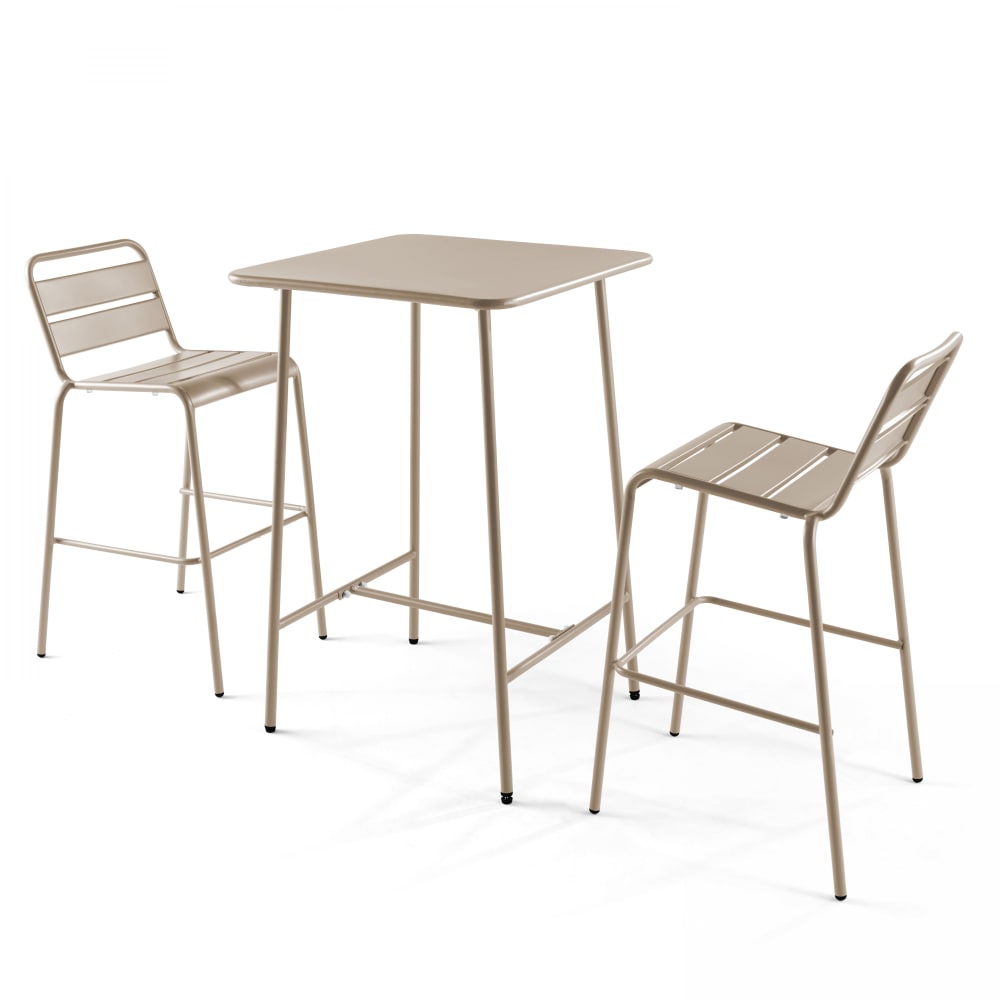 Ensemble table de bar et 2 chaises hautes en métal taupe