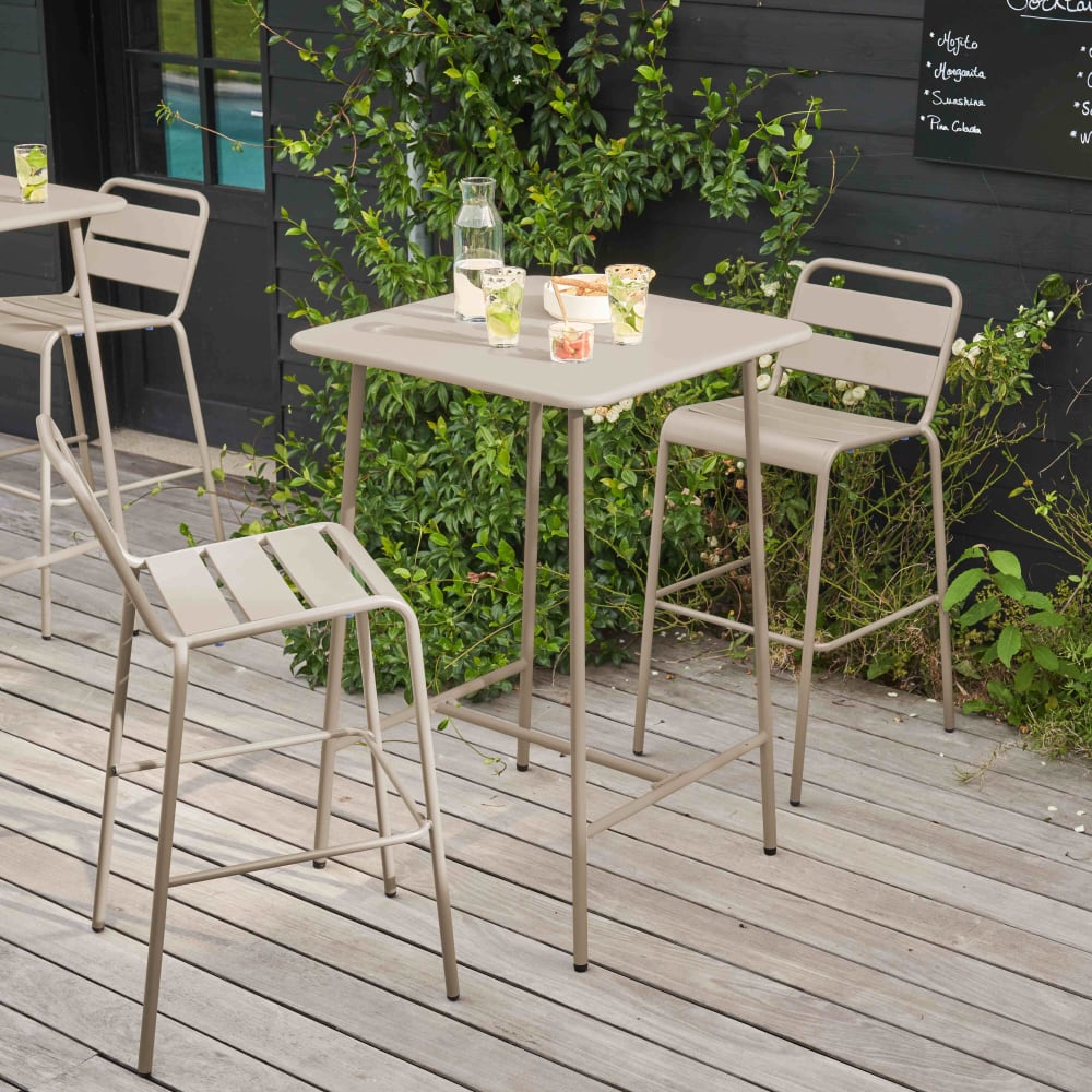 Ensemble table de bar et 2 chaises hautes en métal taupe
