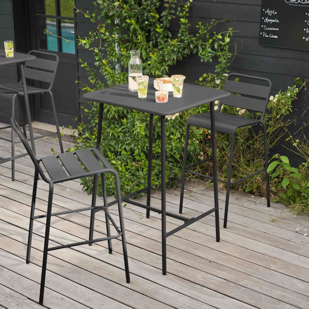 Ensemble table de bar et 2 chaises hautes en métal gris