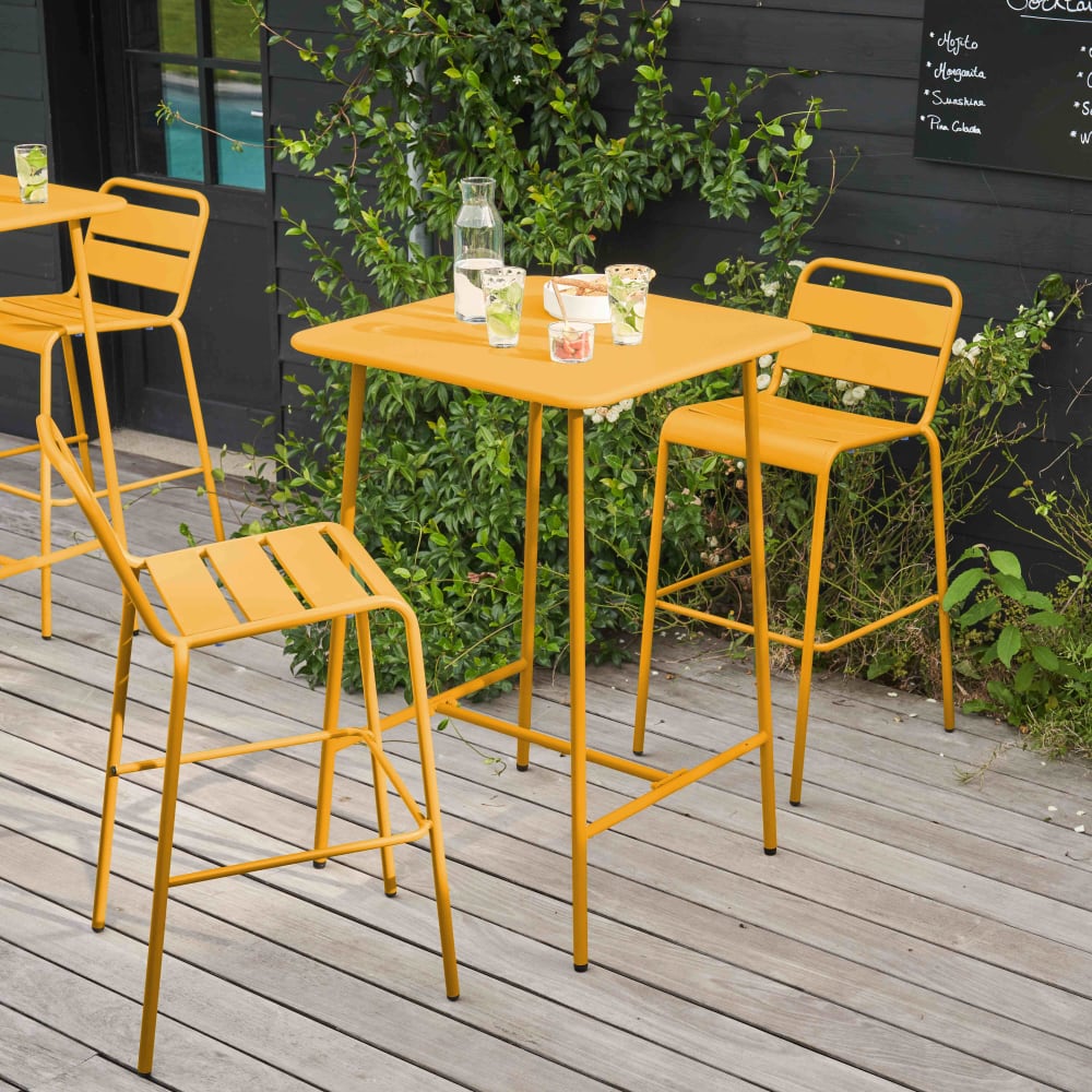 Ensemble table de bar et 2 chaises hautes en métal jaune