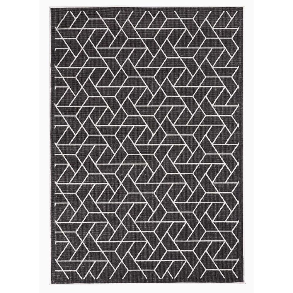 Tapis d' extérieur terrasse, kilim reversible noir et crème 200x290