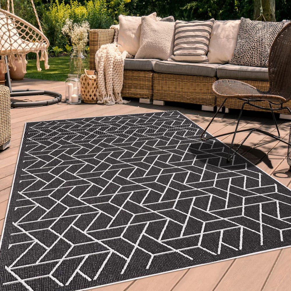 Tapis d' extérieur terrasse, kilim reversible noir et crème 200x290