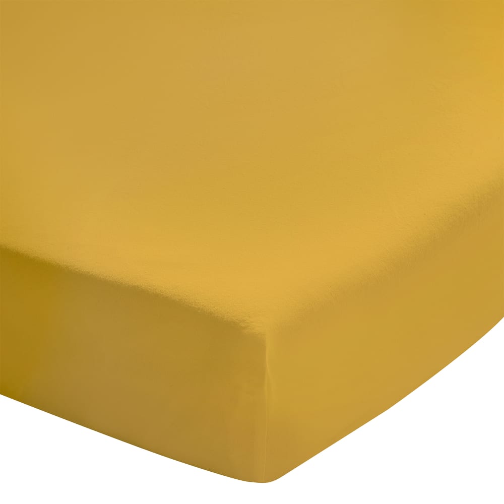 Drap housse uni en coton lavé Jaune Curry 90x190